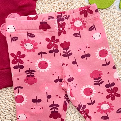 Conj. Jaqueta com Capuz Duas Florzinhas e Calça Legging - Bordo e Rose